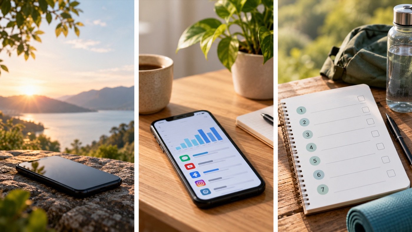Three-panel illustration of a digital detox