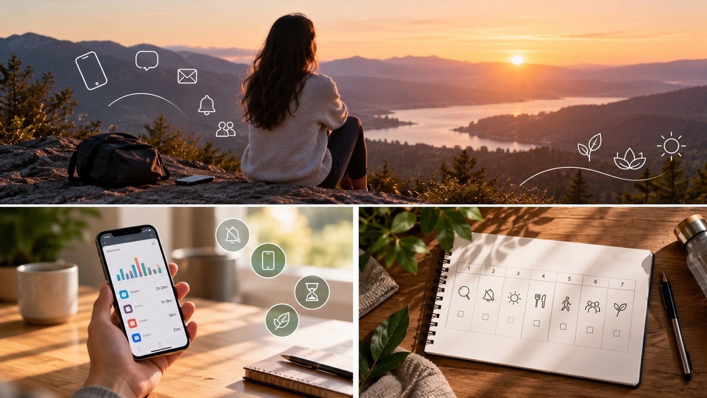 Illustration of unplugging from devices on a journey to calm