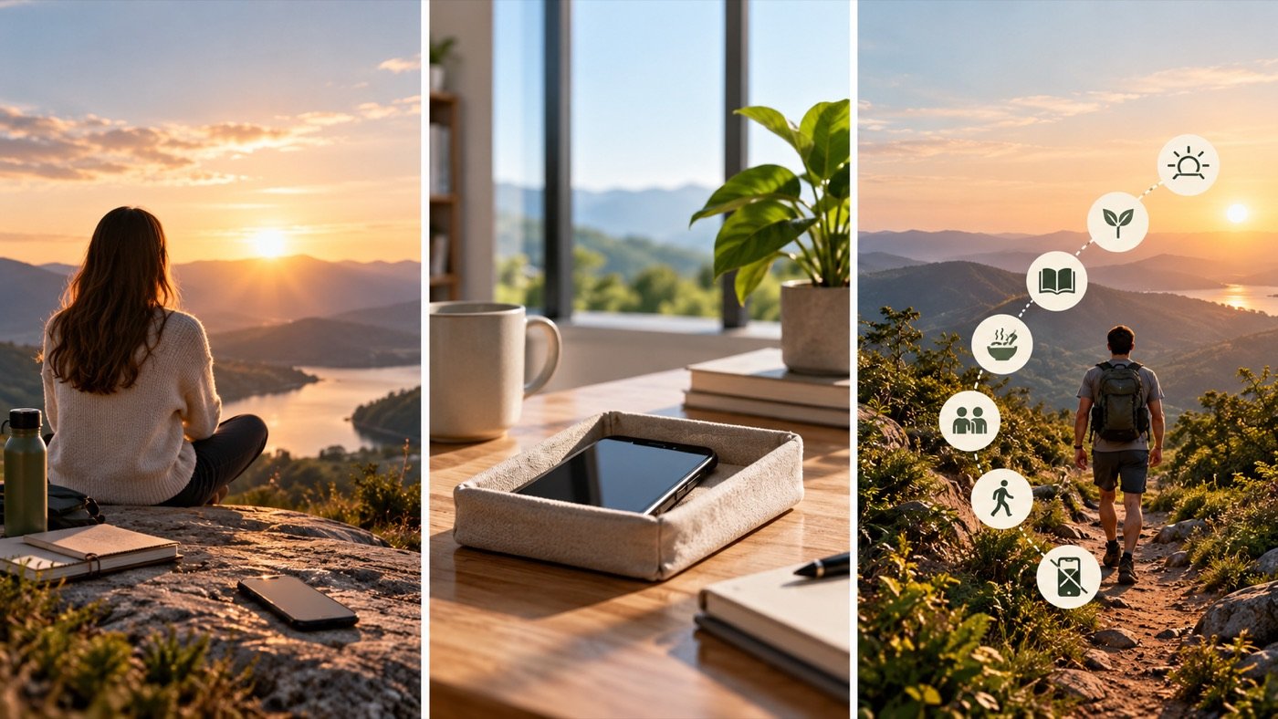 Three-panel illustration of a digital detox journey